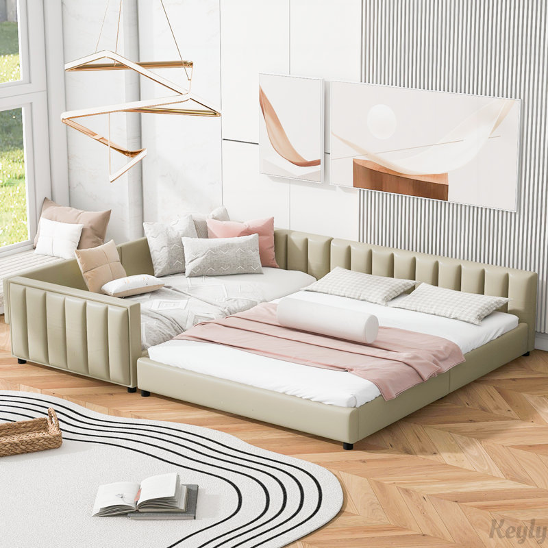 Queen Size Upholstered Platform Bed, Beige