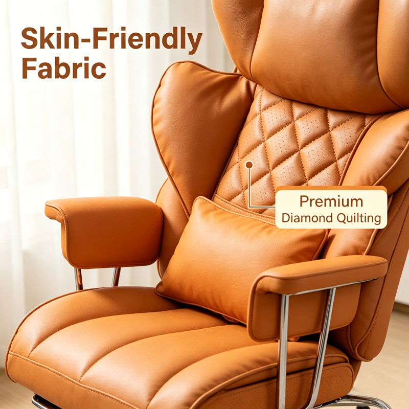 Ergonomic High Back Leather Executive Office Chair With Footrest & Lumbar Pillow, Orange