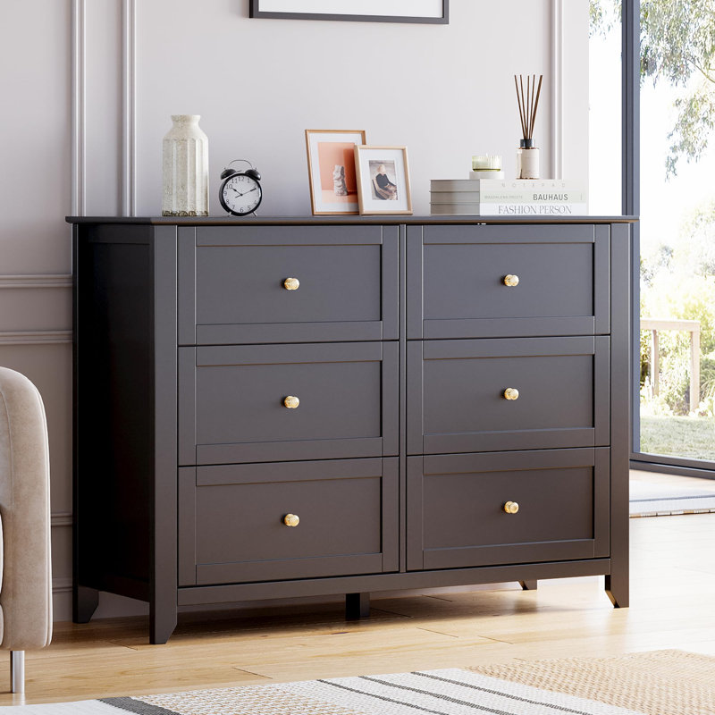 Modern 6 Drawer Dresser for Bedroom, 48" TV Stand Wood Storage Cabinet Chest Organizer, Black