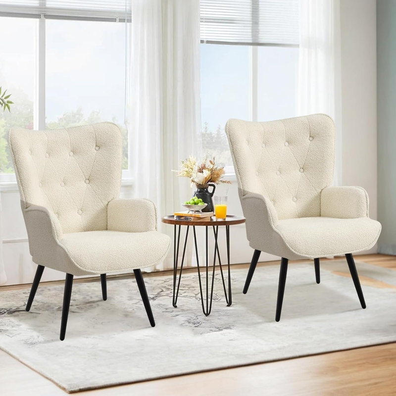 Modern Upholstered Wingback Chair Faux Fur Tufted Armchair with Metal Legs, Beige Boucle