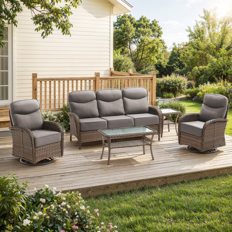 Totnes 5-Piece Outdoor All-Weather Wicker Patio Furniture Set With Sofa And Swivel Gliders, Gray