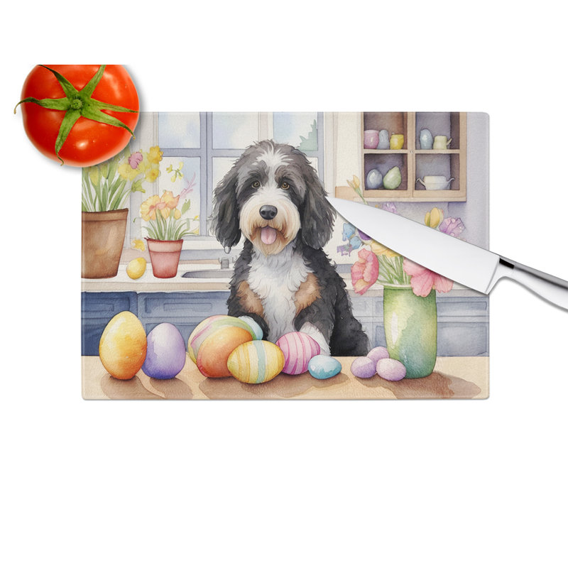 Decorating Easter Bernedoodle Glass Cutting Board