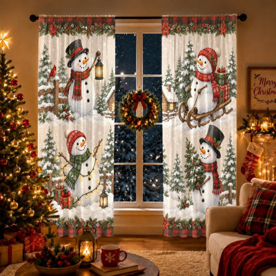 2Pcs Snowman Christmas Window Curtains, Festive Winter Scene Light Filtering Rod Pocket Curtains For Living Room Bedroom Kitchen decor
