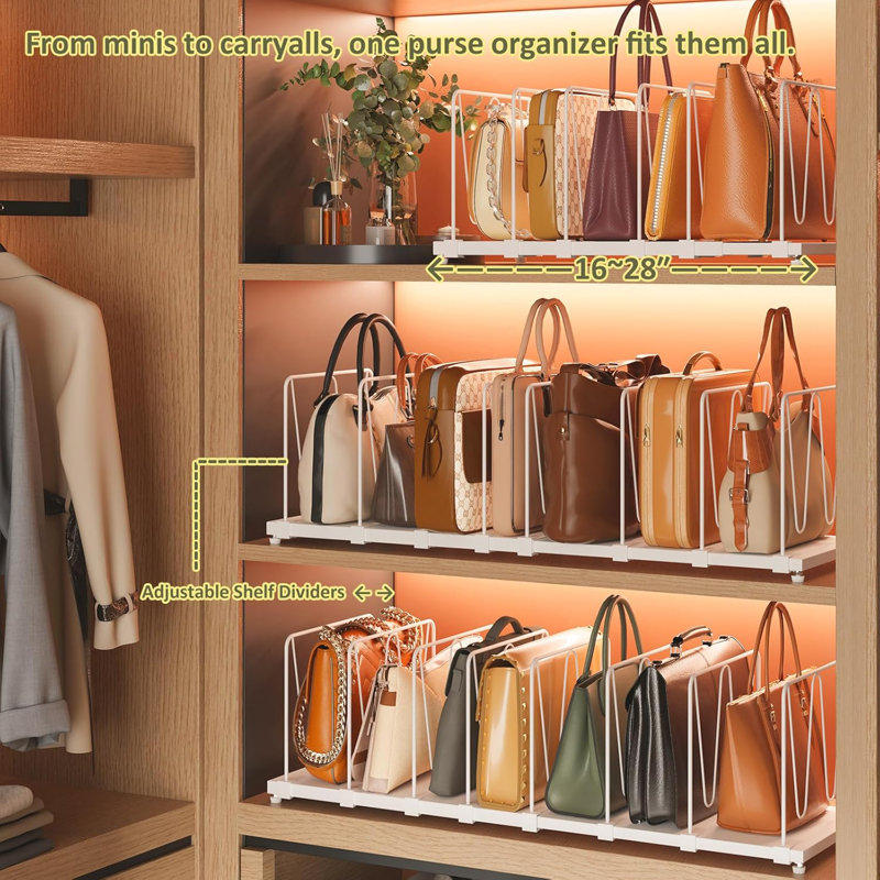 Extendable Purse Organizers Purse Storage. Length 16-28 In. Bag Organizer Purse Holder For Closet With 8 Adjustable Shelf Dividers Patent Pending