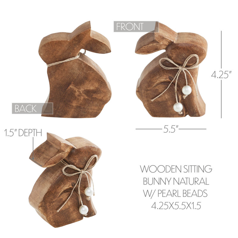 Lapin assis en bois naturel avec perles, H 4,25 po x l 5,5 po x P 1,5 po