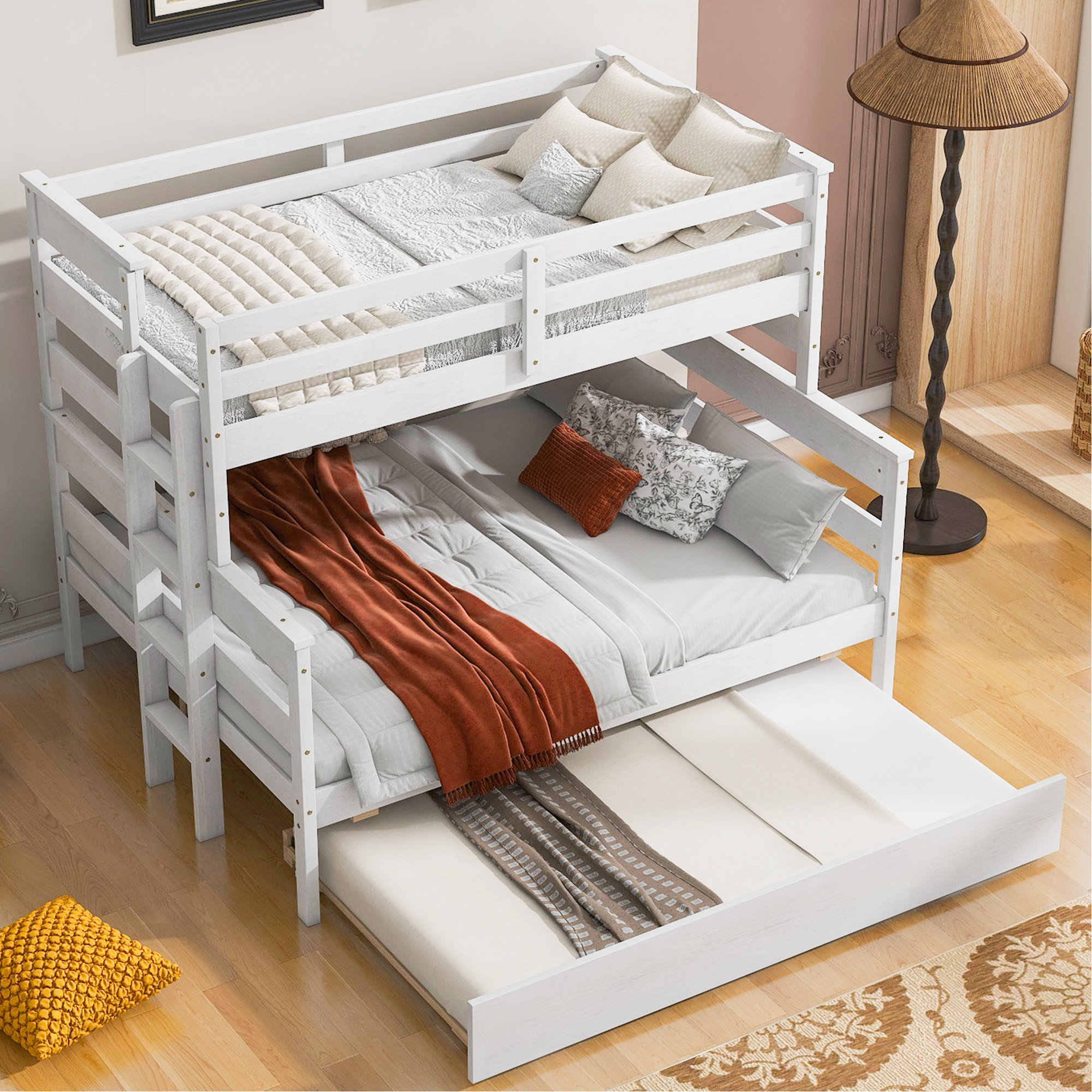 Ebern Designs Wood Twin Over Full Bunk Bed With Twin Size Trundle, Grey ...