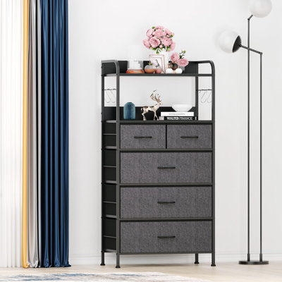 120x60x30cm Tiger Stripe Storage Dresser with 5 Fabric Drawers, Sturdy Metal Frame, 2 Open Shelves & Side Hooks, Space-Saving Organizer for Bedroom, Entryway and Living Room, Dark Gray
