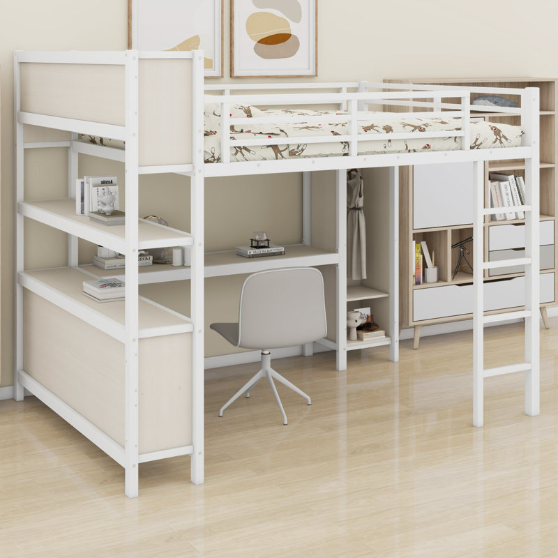 Lit mezzanine compact en métal avec garde-robe, bureau en L, cubes de rangement et tablettes de présentation, blanc