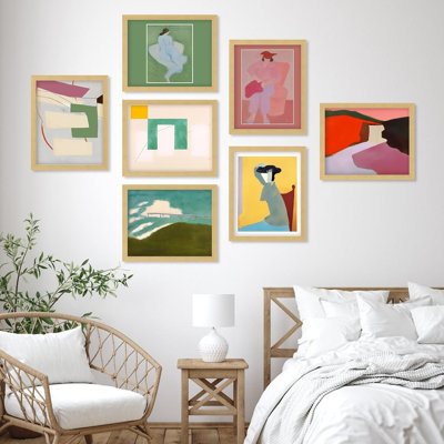 Multicolore Mid-Century pastel paysage abstrait géométrique minimalisme encadré sur papier, 7 pièces
