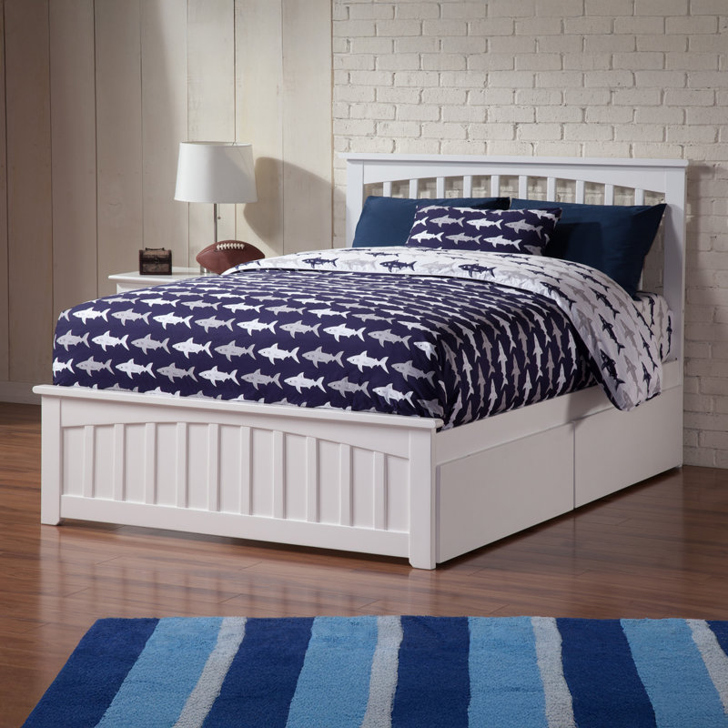 Lit plateforme en bois massif Brunelle avec pied de lit et tiroirs de rangement assortis , Double, Blanc