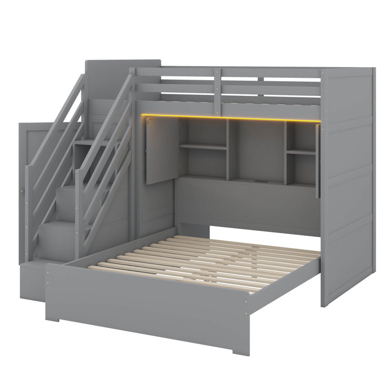 Twin-Over-Full Bunk Bed Featuring Storage Steps, Built-In Wardrobe, USB Ports & Lighting, Gray