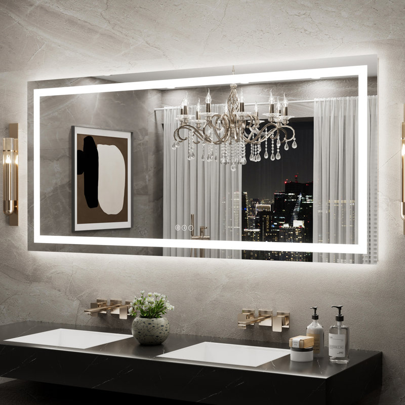 Led Backlit Frameless Lighted Bathroom Mirror Wall Mirror Dimmable Anti-fog, 60" x 28"