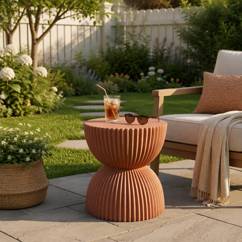Table d'appoint sablier résistante aux intempéries avec texture mouchetée intentionnelle pour une utilisation intérieure et extérieure