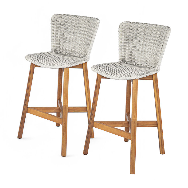 Tabouret de bar d'extérieur en bois de teck avec osier Lymington, ensemble de 2, Gris clair
