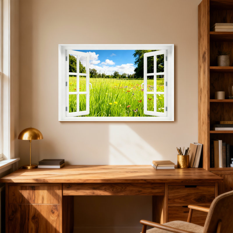 Paysage, nature, fenêtre ouverte, champ, fleurs, ciel, arbres, vert, nature, H 28 po x l 40 po