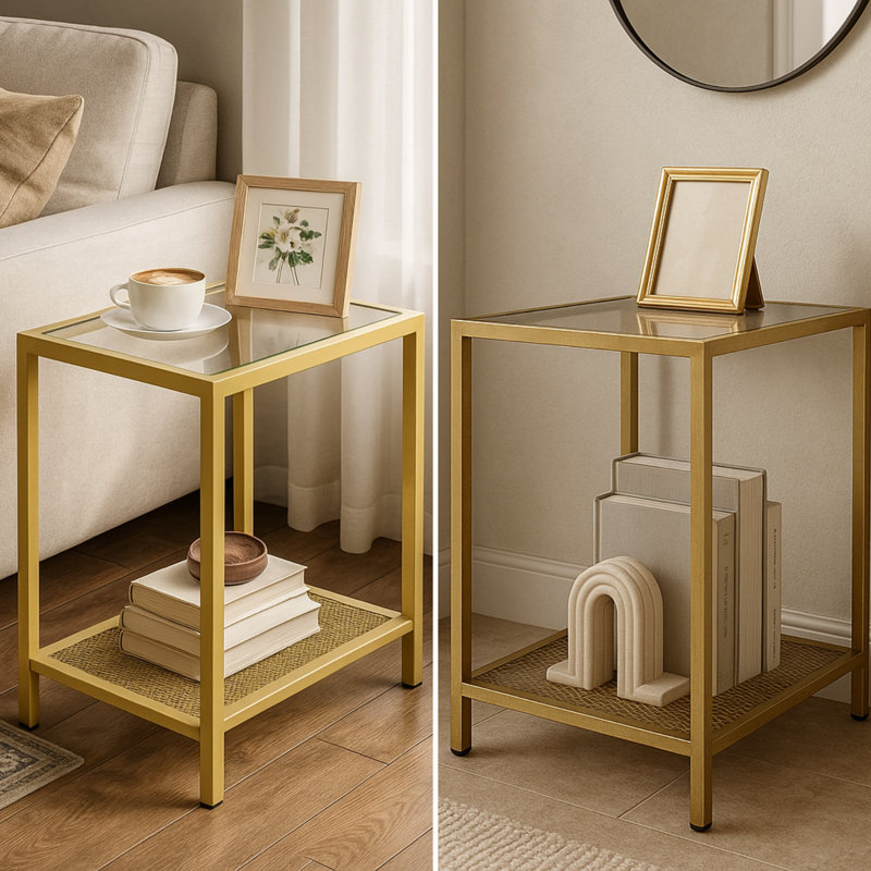 Harrower Gold Glass Side Table with Storage Shelf End Table Living Room Furniture