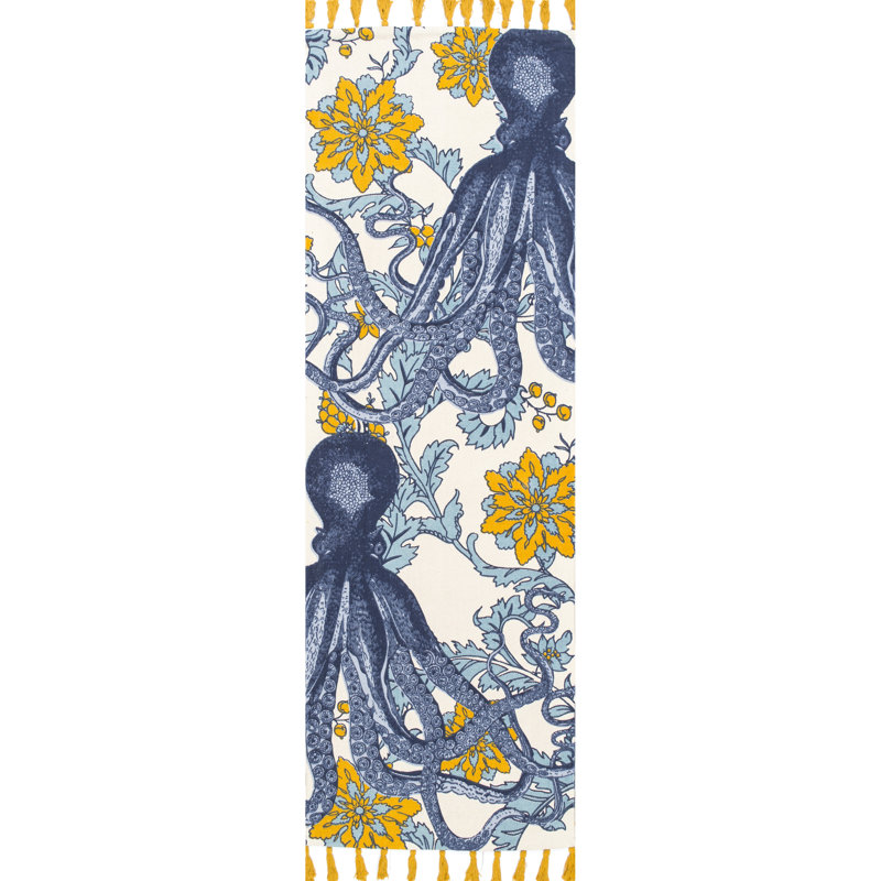 Thomas Paul Octopus Tasseled Blue/Yellow Area Rug, Runner 2'8" x 8'