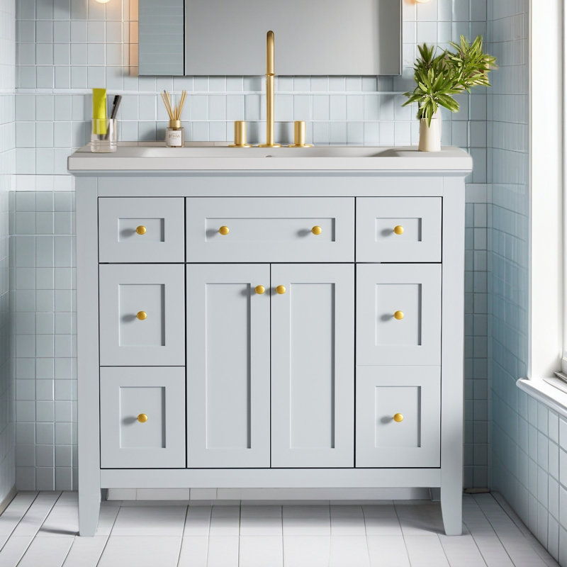 Ensemble de meuble-lavabo simple 36 po avec 6 tiroirs et 2 armoires, meuble de rangement pour la salle de bain, ensemble de meuble-lavabo avec cadre en bois massif 36 po