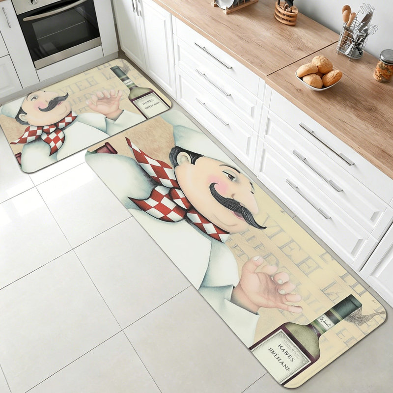 Caricature de chef, Illustration de vin, ensemble de 2 tapis de cuisine rétro, salle de lavage intérieure