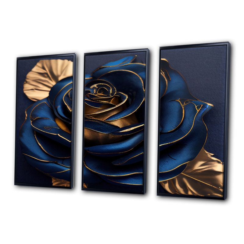 «Gilded Rose in Kings Blue III», reproduction de cadre flottant sur toile 3 pièces, Noir, H 28 po x l 36 po x P 1 po