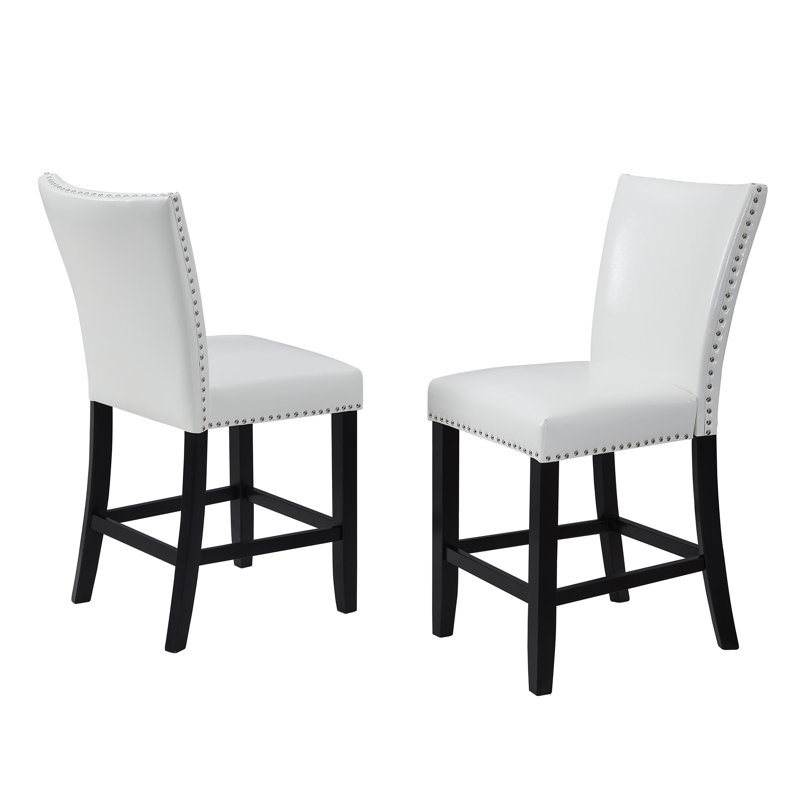 Fauteuil en polyuréthane rembourré à hauteur de comptoir 2 pièces avec repose-pieds et garniture cloutée chromée, Blanc