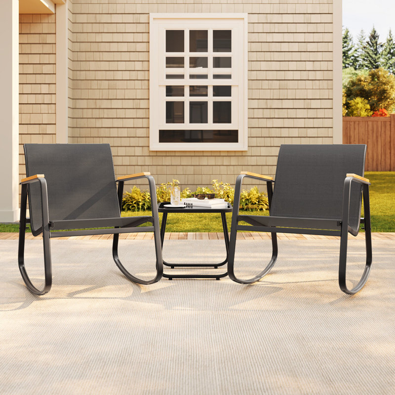 3-Piece Outdoor Rocking Patio Set with Solid Wood Armrests & Coffee Table, Black