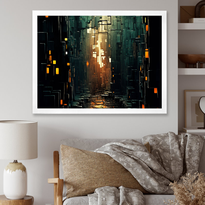 Awakening of Possiblities - abstrait bleu sarcelle et or I - reproduction, Cadre simple blanc, H 30 po x l 40 po x P 1,5 po