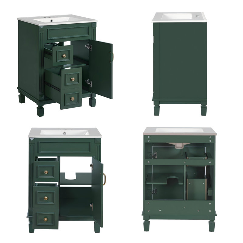 Meuble-lavabo de 24 po d'inspiration française avec lavabo en céramique, petite armoire avec 2 tiroirs à fermeture en douceur et tablette réglable, vert