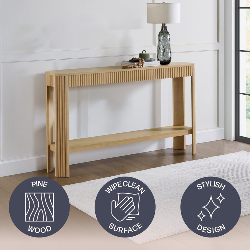 Fluted 56-Inch Console Table with Storage Shelf, Light Oak, Light Oak