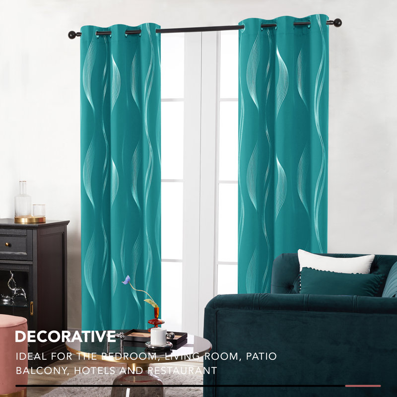 Spurgh Sliver Wave Foil Print Blackout Thermal Grommet Curtain Panels (Set of 2), 42" W x 90" L, Turquoise