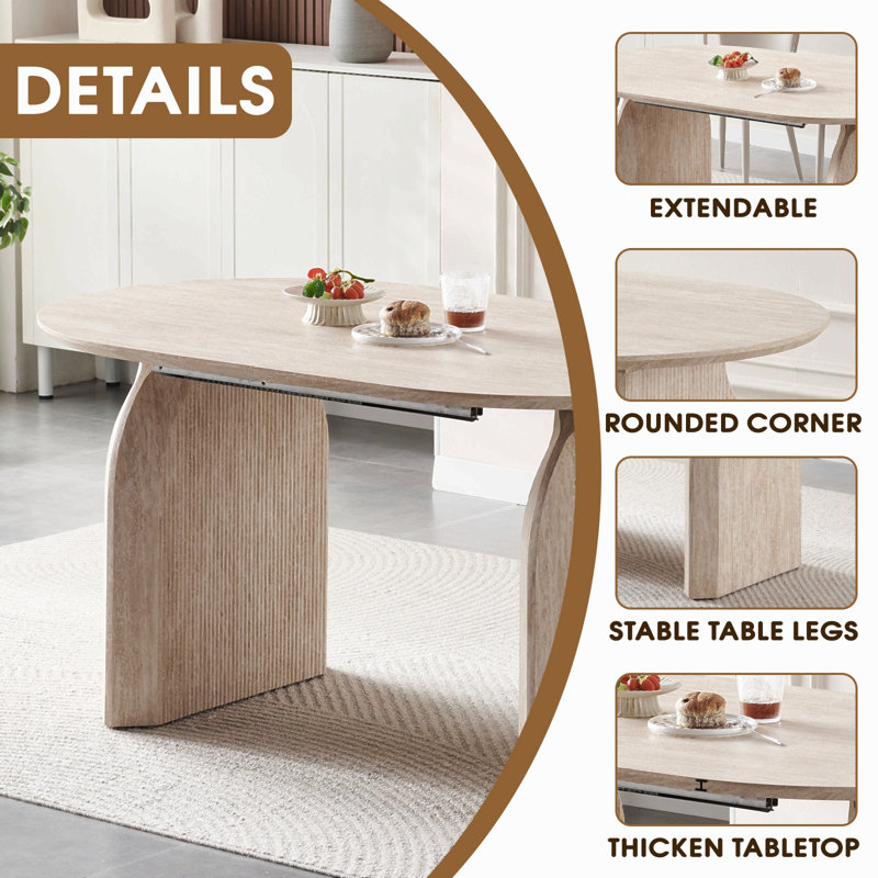 Table de salle à manger en bois extensible, table de cuisine ovale moderne avec un design à deux piliers élégant, parfait pour la salle à manger et le rassemblement, multifonctionnel et peu encombrant, salon et salle à manger.