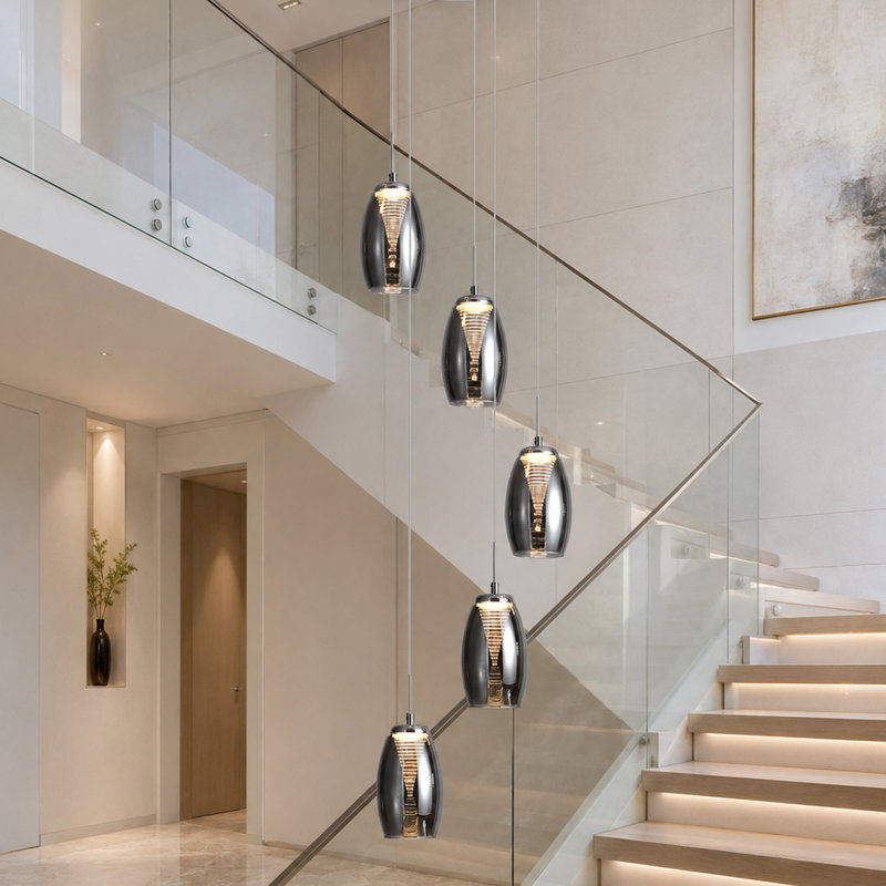 Lustre long avec escalier 5 lumières DEL