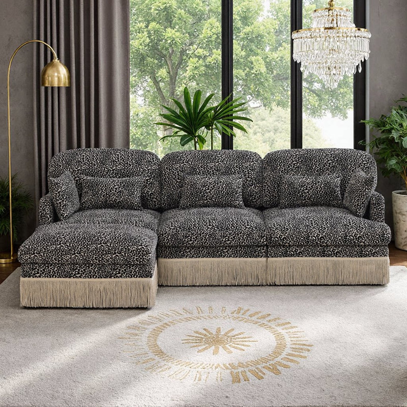 Canapé en L en chenille avec garniture à pampilles, assise profonde et conception modulaire pour le salon, Kaki
