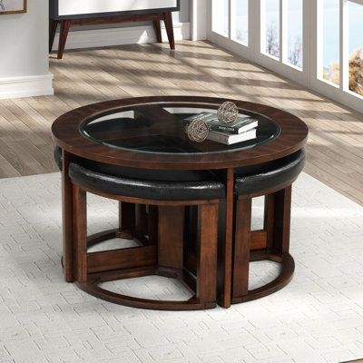 Ensemble de tables basses à plateau rond en bois massif et table basse avec 4 tabourets