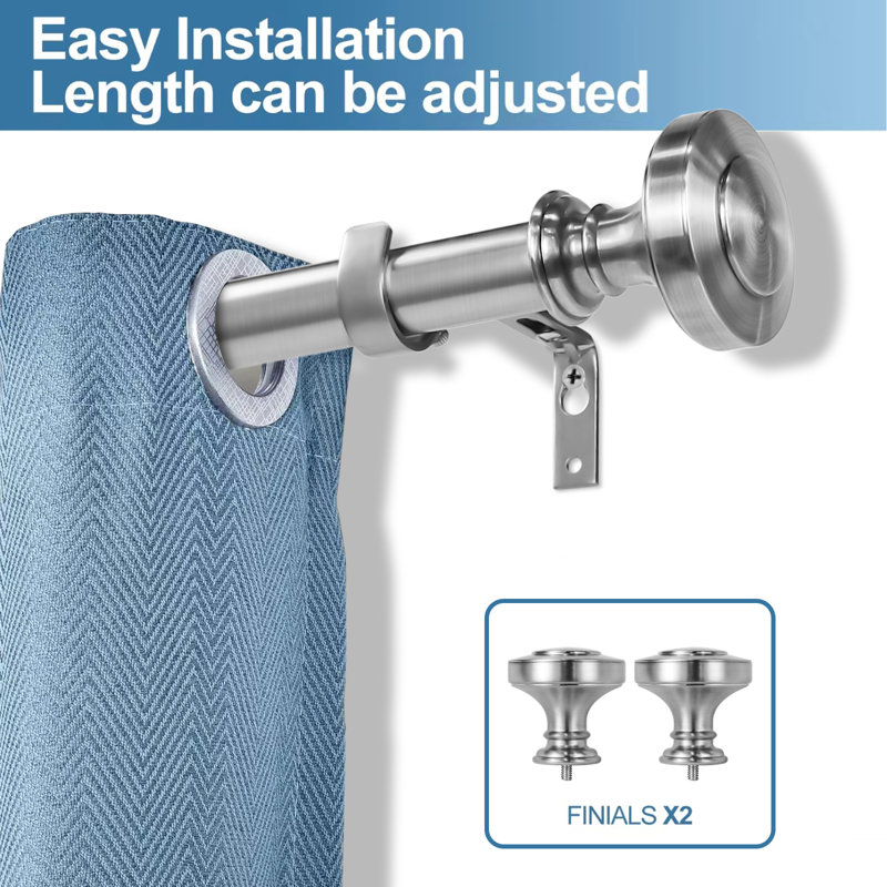 Brushed Steel Adjustable Single Curtain Rod with Decorative Finials