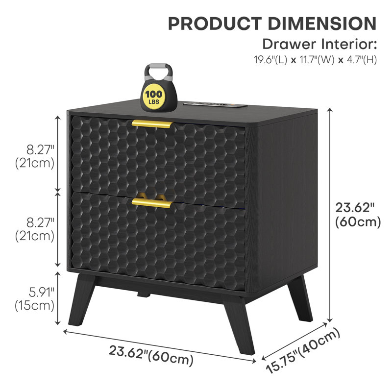 23.6'' W 2-Drawer Nightstand With Built-In Outlets And Human Sensor Light, Black