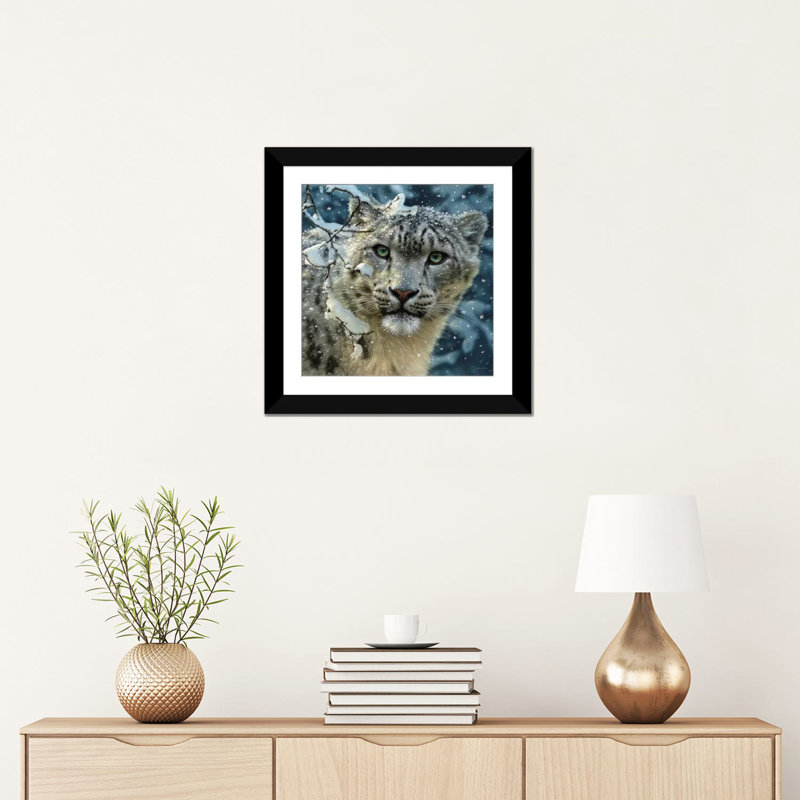 Snow leopard, carré, H 16 po x l 16 po x P 1 po, Papier avec cadre noir, Blanc