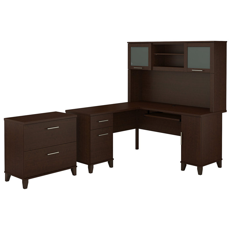 Ensemble de bureau d'ordinateur en L 3 pièces avec rehausse Magomed, Cerise mocha