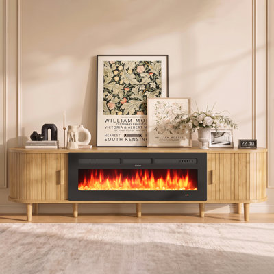 90" Oak Fluted Fireplace TV Stand With Remote & Touch Control, Adjustable Flame Colors & Temperature, Entertainment Center With Storage For 100" Tvs, Modern Media Console For Living Room