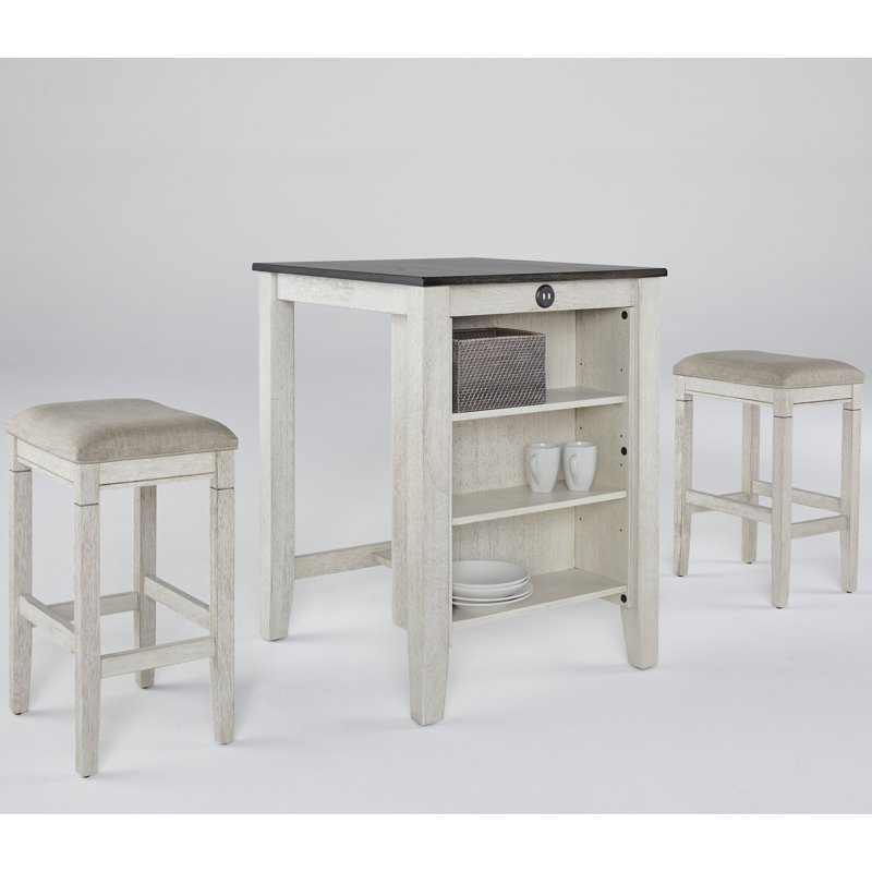 Antique White and Weathered Pepper Oak Counter Table Set with Linen Stools