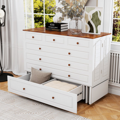 Queen Murphy Bed With Drawers, Murphy Bed Queen Cabinet With Charging Station, Mattress Included, White