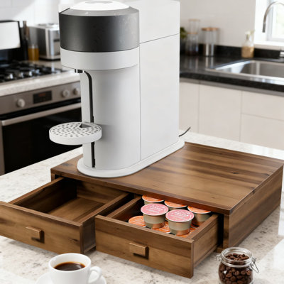 Acacia Wood Coffee Pod Storage Drawer Organizer For And  Pods With Dual Drawers And Sturdy Machine Riser Base