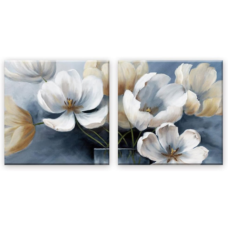 Modern Geometric Floral Canvas Wall Art Set in White and Beige