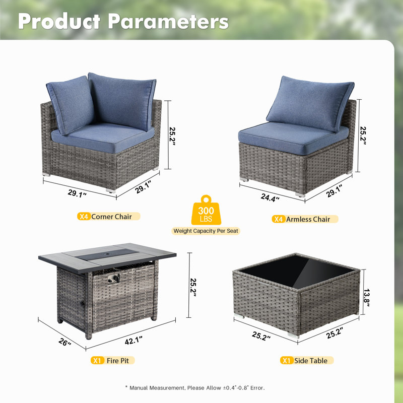 8-Person Outdoor Sectional With Cushions,All-Weather Wicker Patio Set, Denim Blue