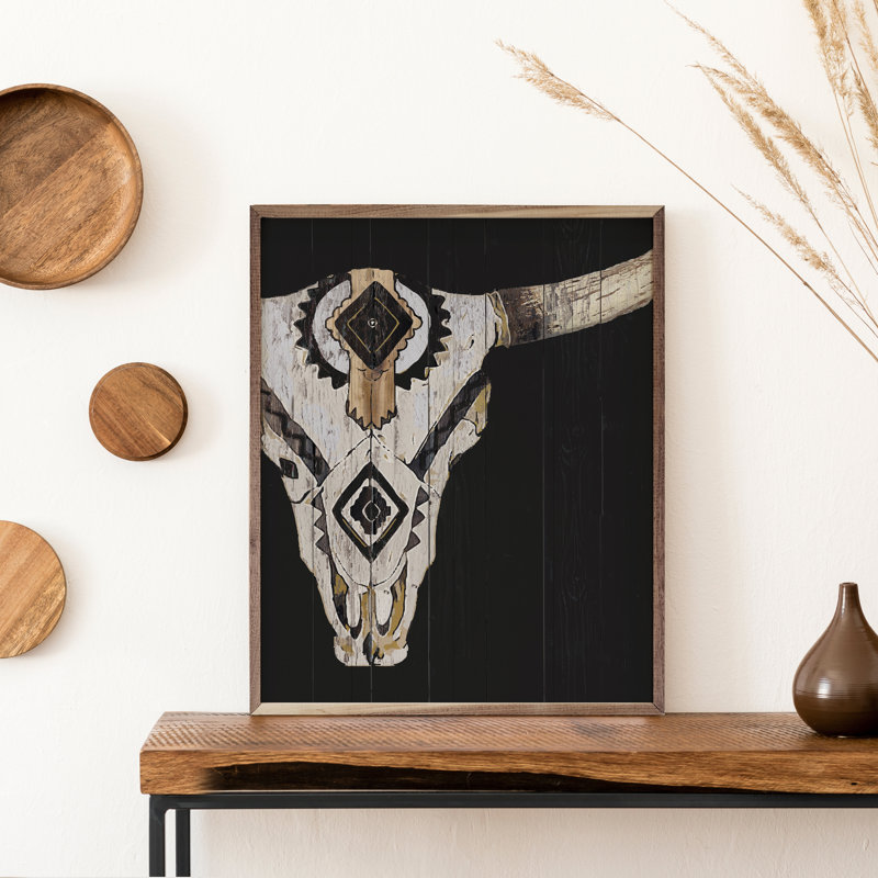 Crâne tribal longhorn noir, H 30 po x l 24 po