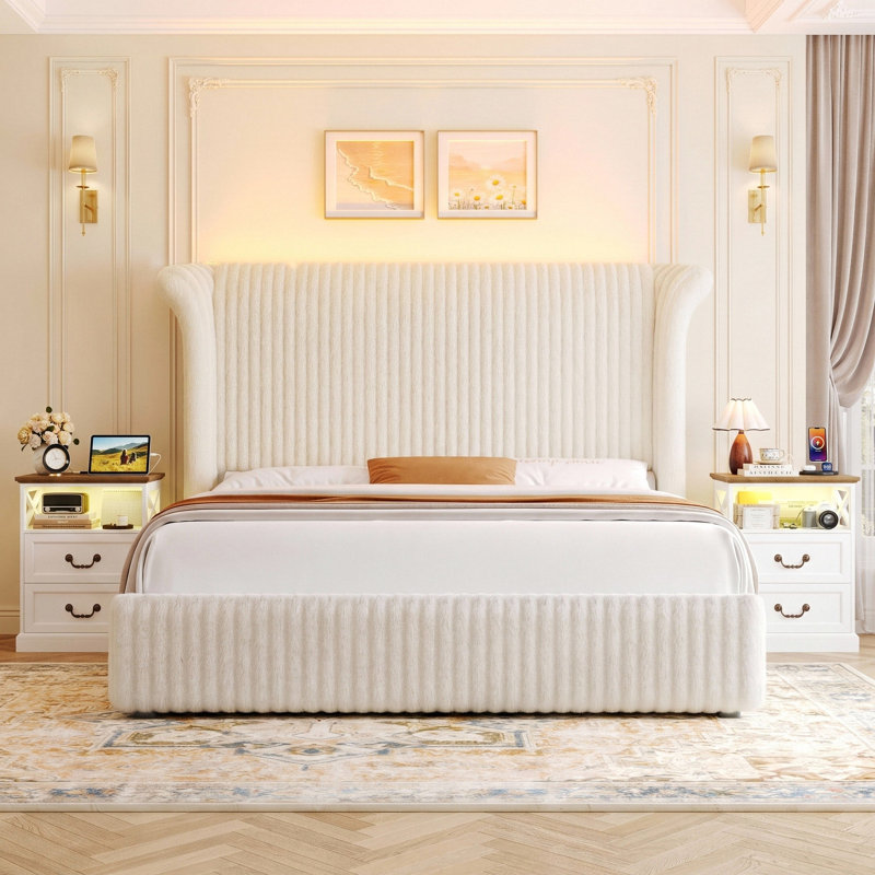 Ensemble de chambre 3 pièces, lit en velours côtelé avec éclairage DEL intégré + 2 tables de chevet avec éclairage DEL et borne de recharge