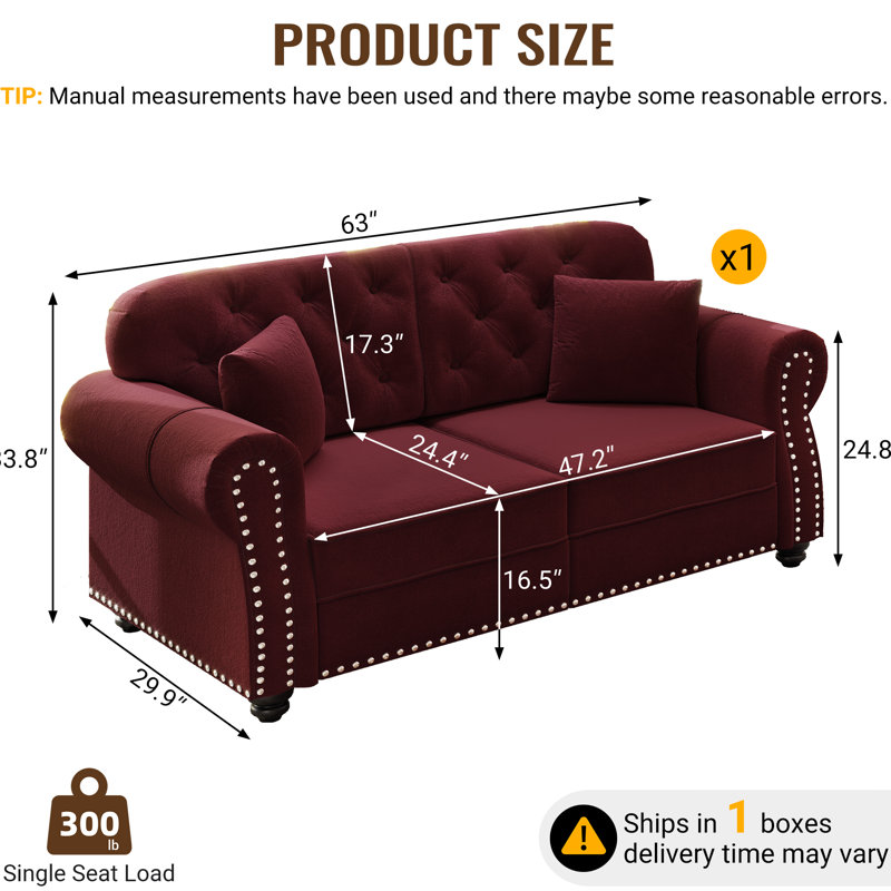 Canapé Chesterfield de 63 pouces en velours avec garniture cloutée et accoudoirs roulés, design moderne Mid-Century, comprend 2 coussins, bourgogne