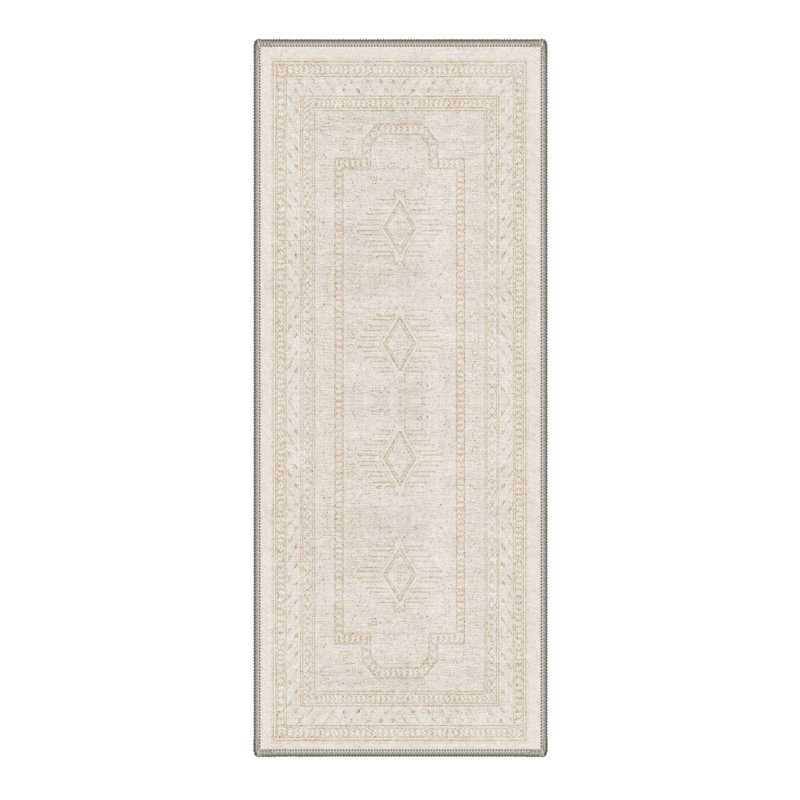 Tapis de couloir oriental traditionnel ivoire/beige, performant, à poils courts, lavable et antidérapant