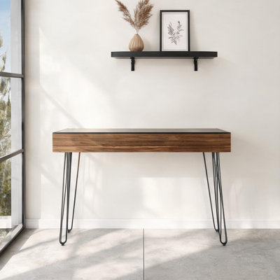 Bureau d'écriture avec tiroir de rangement, plateau en verre rectangulaire industriel de 47 pouces, brun classique et acier, solution compacte pour espace de travail