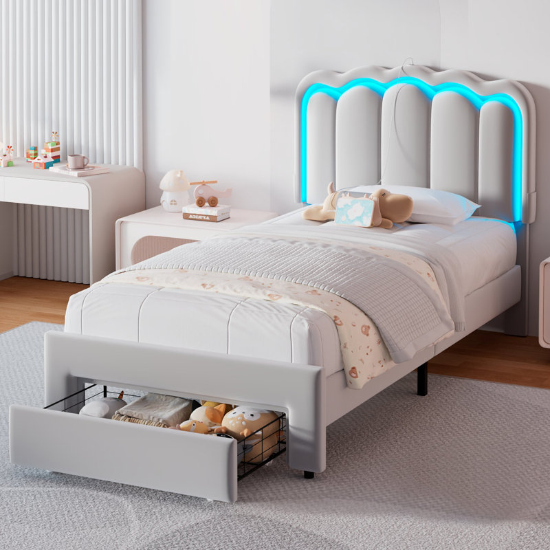 Structure de lit tapissier avec tiroir et tête de lit réglable Daphne, lits pour enfants, Lit simple, gris